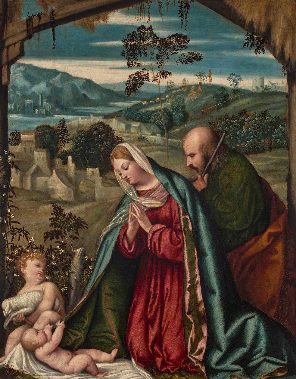 Die Heilige Familie in einer Landschaft von Moretto da Brescia