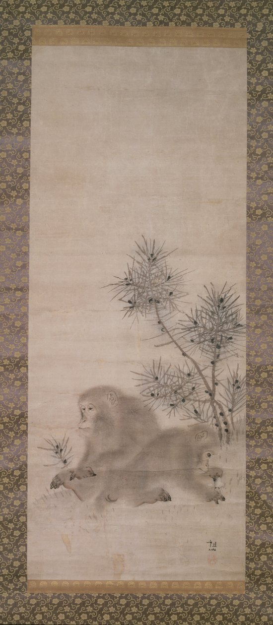 Affen mit Kiefernsprösslingen und Schmetterling, ca. 1800 von Mori Sosen