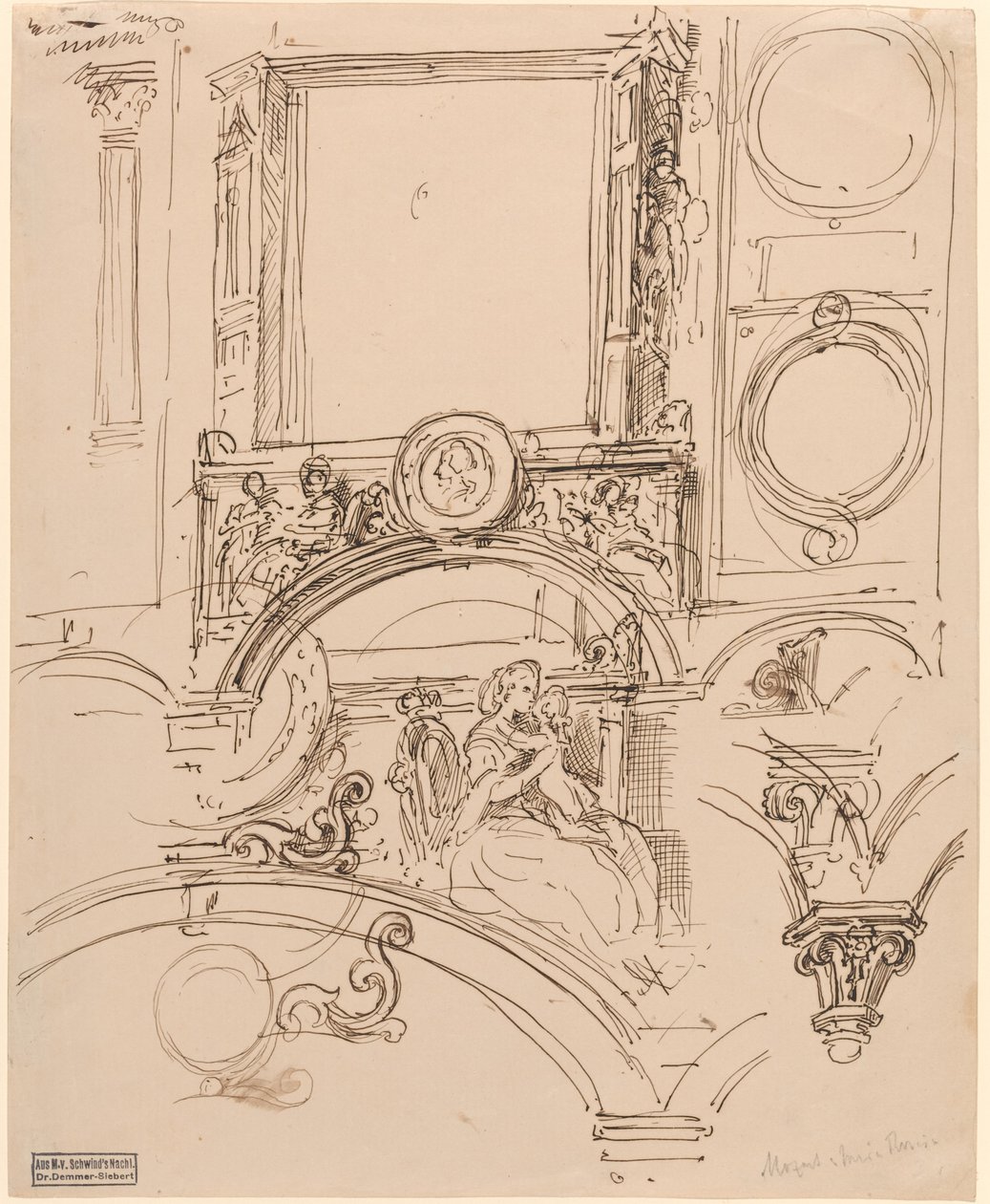 Architektonische Details für eine Wanddekoration mit Kaiserin Maria Theresia, die den jungen Wolfgang Amadeus Mozart umarmt von Moritz Ludwig von Schwind