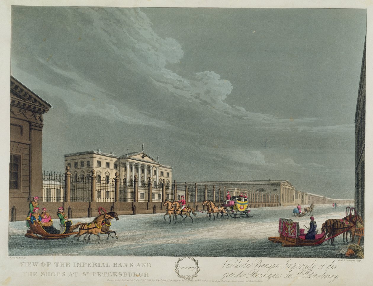 Ansicht der Imperial Bank und der Geschäfte in St. Petersburg, Illustration für Januar aus 