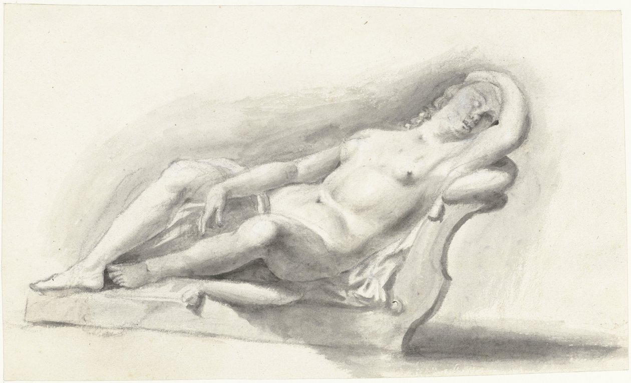Skulptur einer nackten Frau, liegend auf einem Bankkissen von Moses Ter Borch