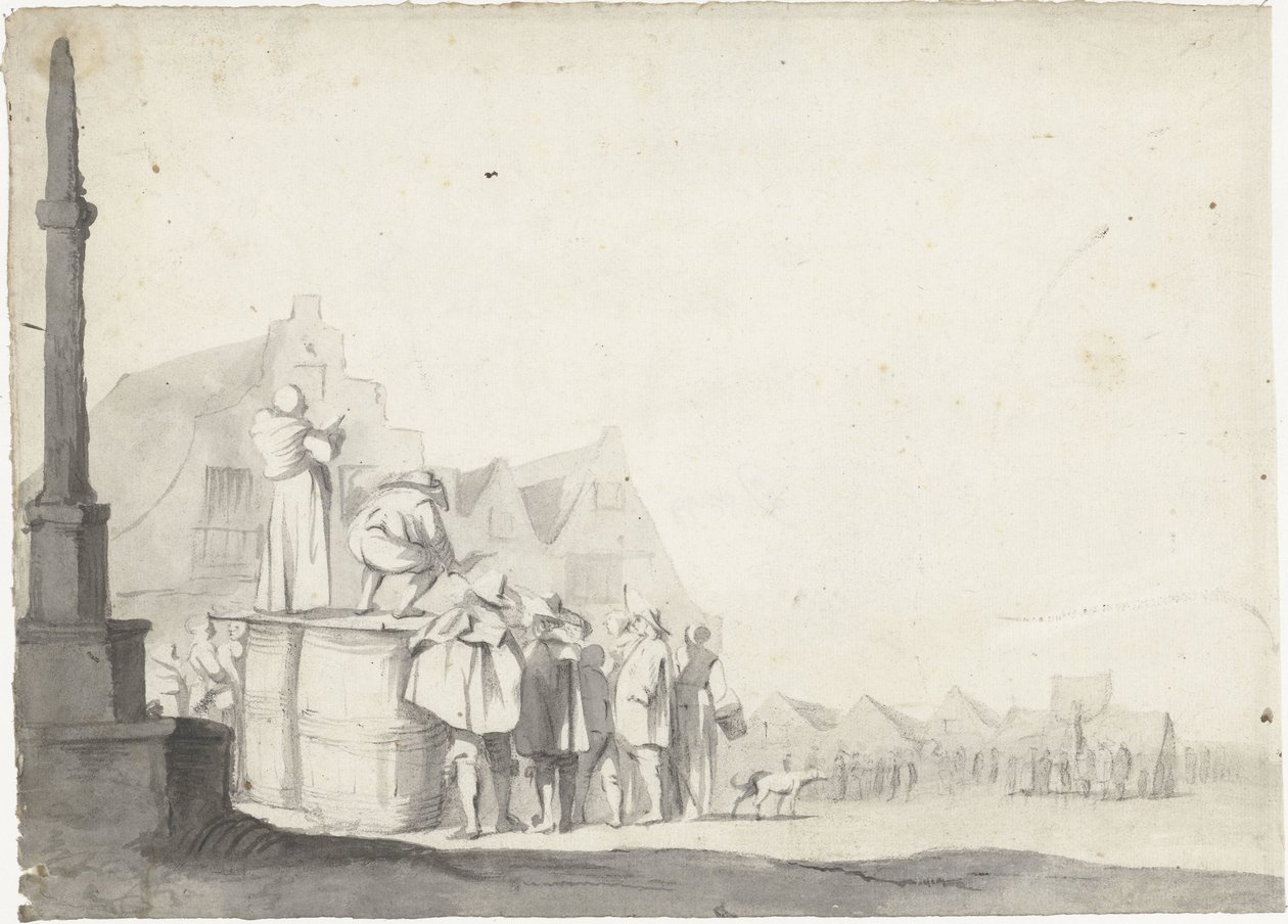 Marktplatz mit Ausrufer auf einem Fass von Moses ter Borch (possibly)