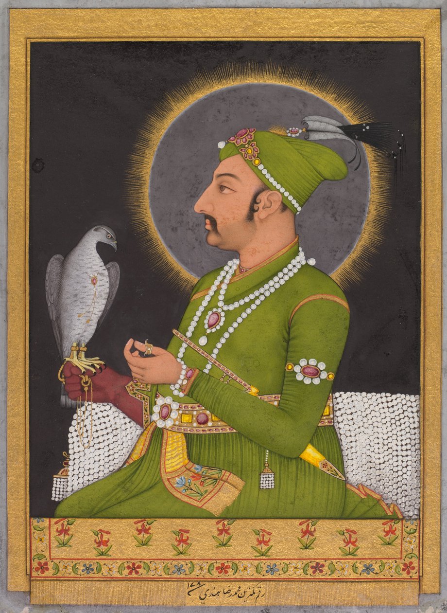 Posthumes Porträt des Mogul-Kaisers Muhammad Shah (regierte 1719-1748) mit einem Falken von Muhammad Riza i Hindi