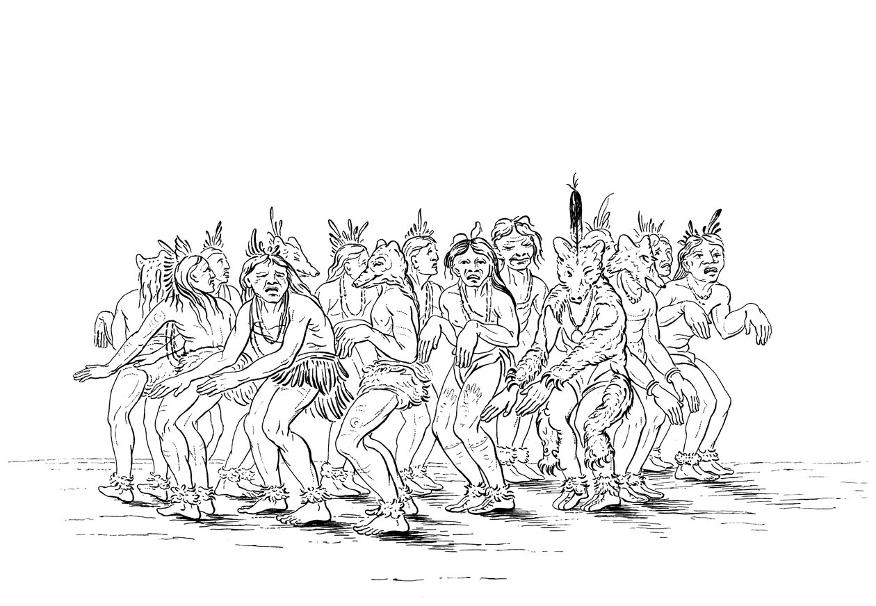 Der Sioux-Stamm führt einen Bärentanz auf, 1841 von Myers and Co