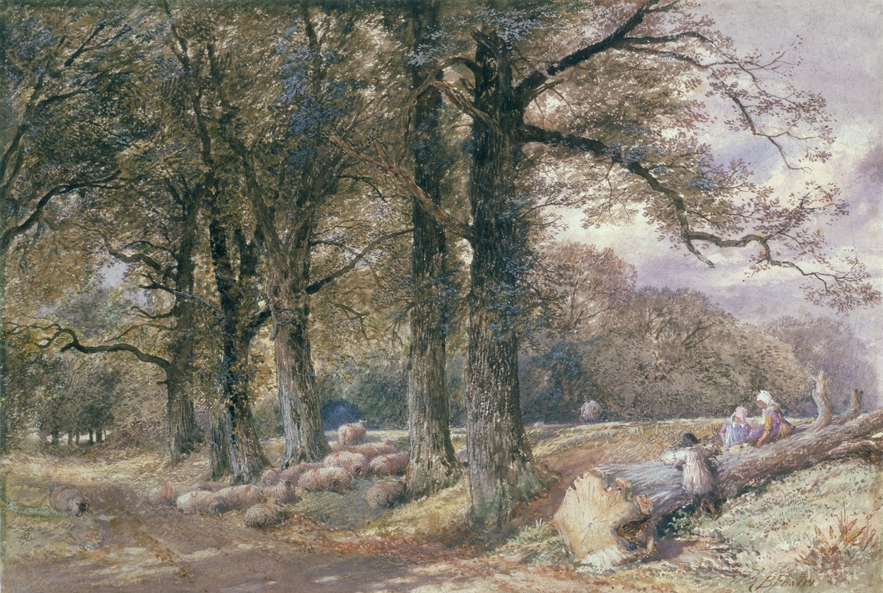 Kinder auf einem Baumstamm sitzend von Myles Birket Foster