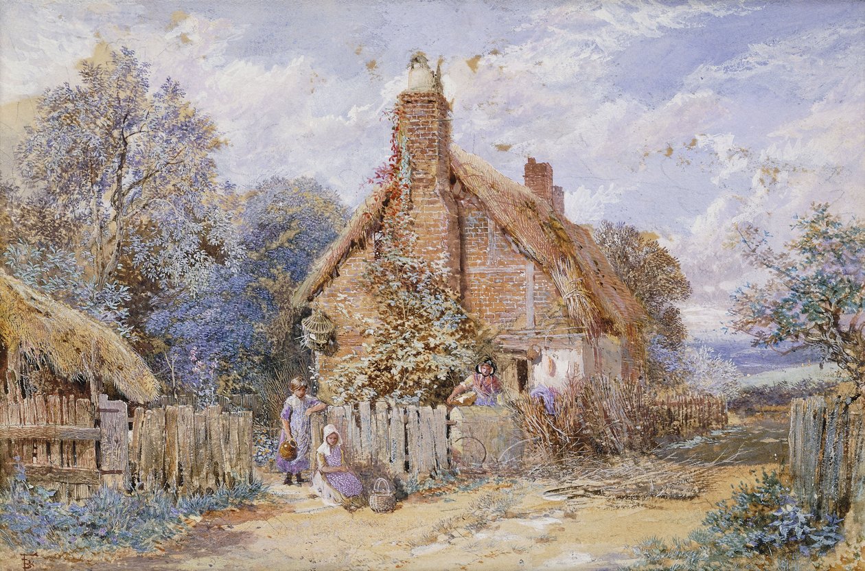 Kinder bei einem strohgedeckten Cottage in Chiddingfold von Myles Birket Foster