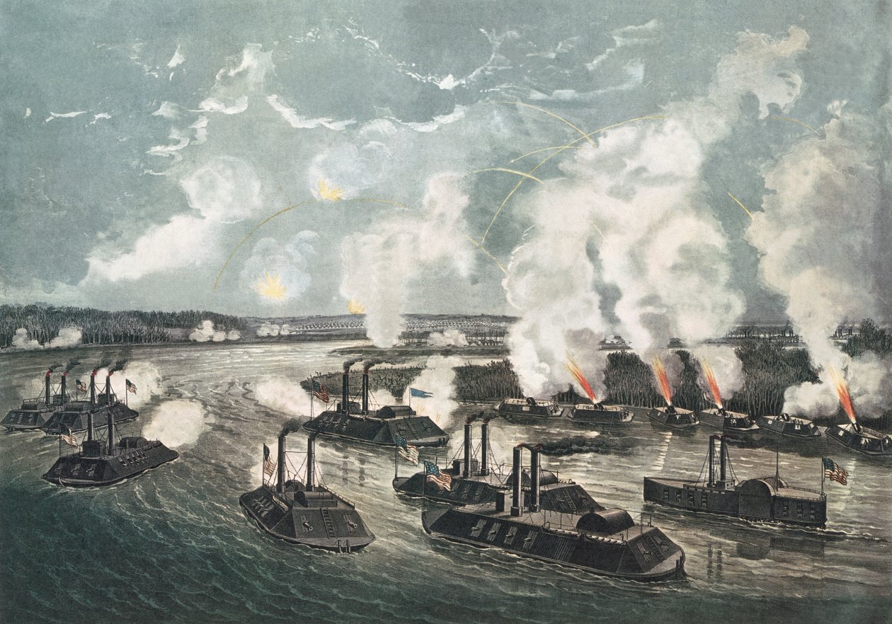 Beschuss und Eroberung der Insel Nr. 10 am Mississippi River, 7. April 1862 von N. and Ives, J.M. Currier