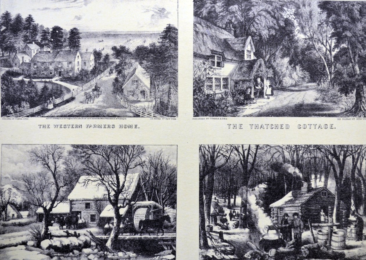 Das Heim des westlichen Bauern; Das strohgedeckte Häuschen; Eingefroren; Ahornzuckerherstellung, Frühling im nördlichen Wald von N. and Ives, J.M. Currier