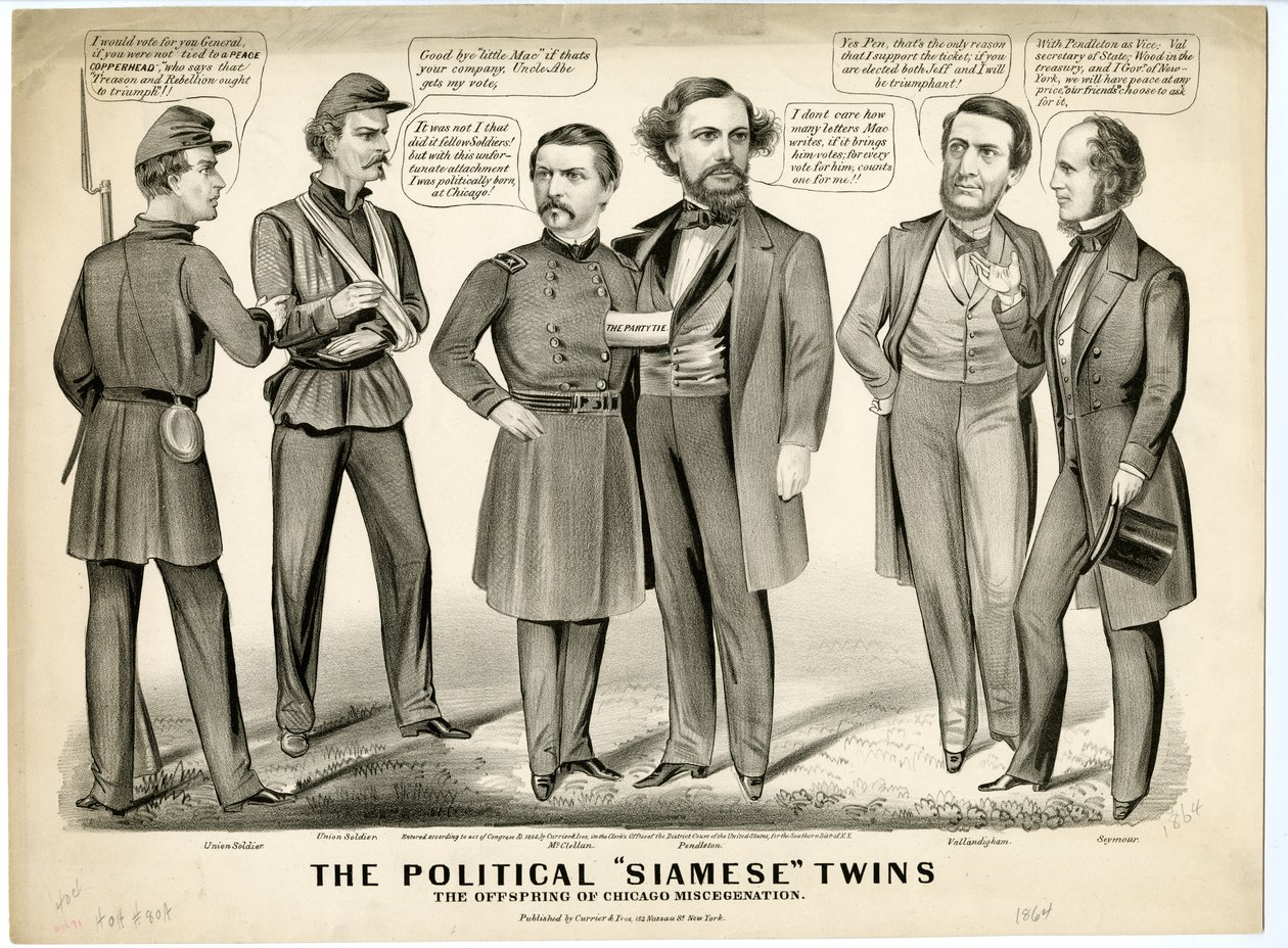 Die politischen siamesischen Zwillinge, die Nachkommen der Chicagoer Rassenmischung von N. and Ives, J.M. Currier