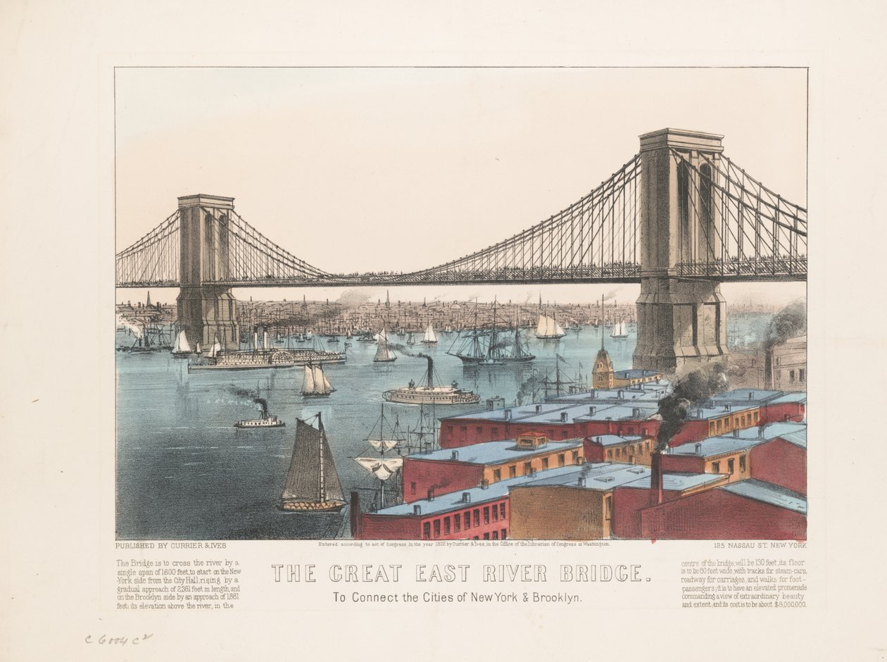 Die große East River Brücke: zur Verbindung der Städte New York & Brooklyn, ca. 1872 von Nathaniel Currier