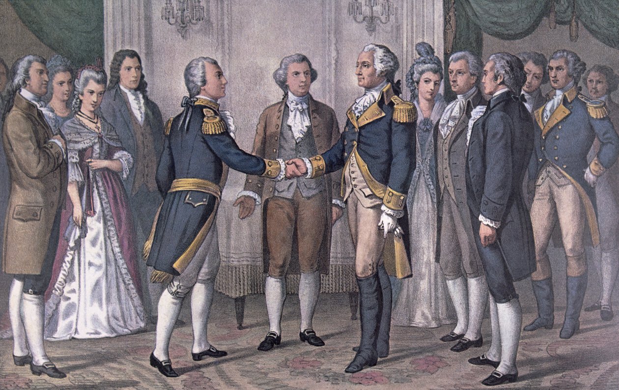 Das erste Treffen von General George Washington (1732-99) und dem Marquis de La Fayette (1757-1834) Philadelphia, 3. August 1777, veröffentlicht 1876 von N. and Ives J.M. (after) Currier