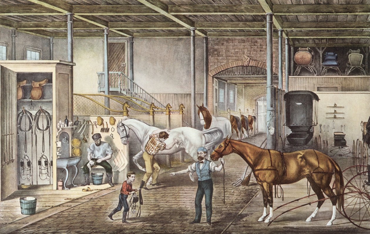 Modellstall, in dem Jungen und Stallburschen wirklich Pferde pflegen, Gravur aus dem Buch "Amerika" von Currier und Yves 1870 von N. and Ives J.M. (1824 95) Currier