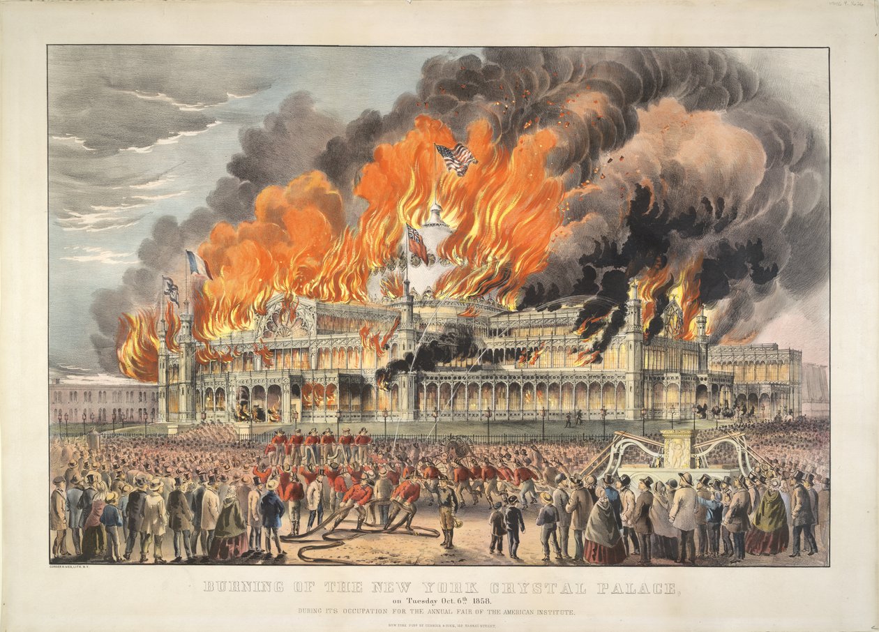 Brand des New York Crystal Palace am Dienstag, 5. Oktober 1858 von Currier and Ives