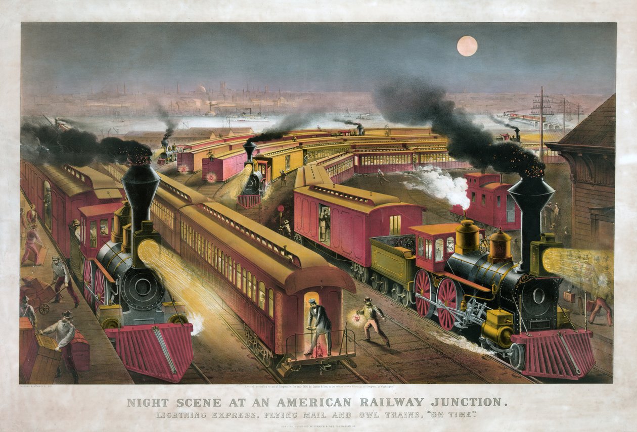 Nachtszene an einem amerikanischen Eisenbahnknotenpunkt von Currier & Ives von Currier and Ives