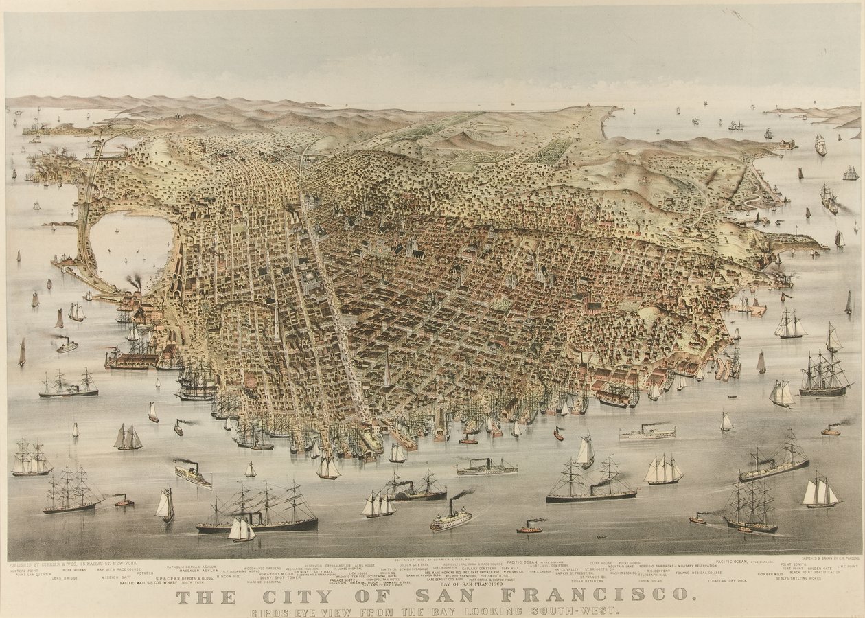 Die Stadt San Francisco - Vogelperspektive von der Bucht, Blick nach Südwesten von Currier and Ives