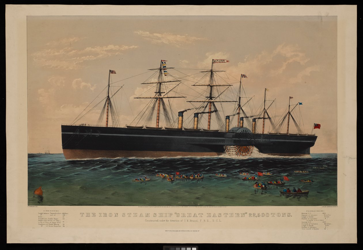 Das eiserne Dampfschiff Great Eastern... Konstruiert unter der Leitung von I K Brunel... von N. and Ives J.M. (1824-95) Currier