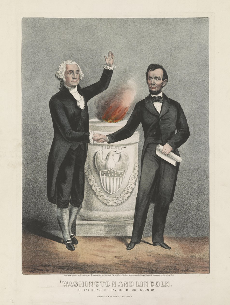 Washington und Lincoln. Der Vater und der Retter unseres Landes, ca. 1865 von Currier and Ives