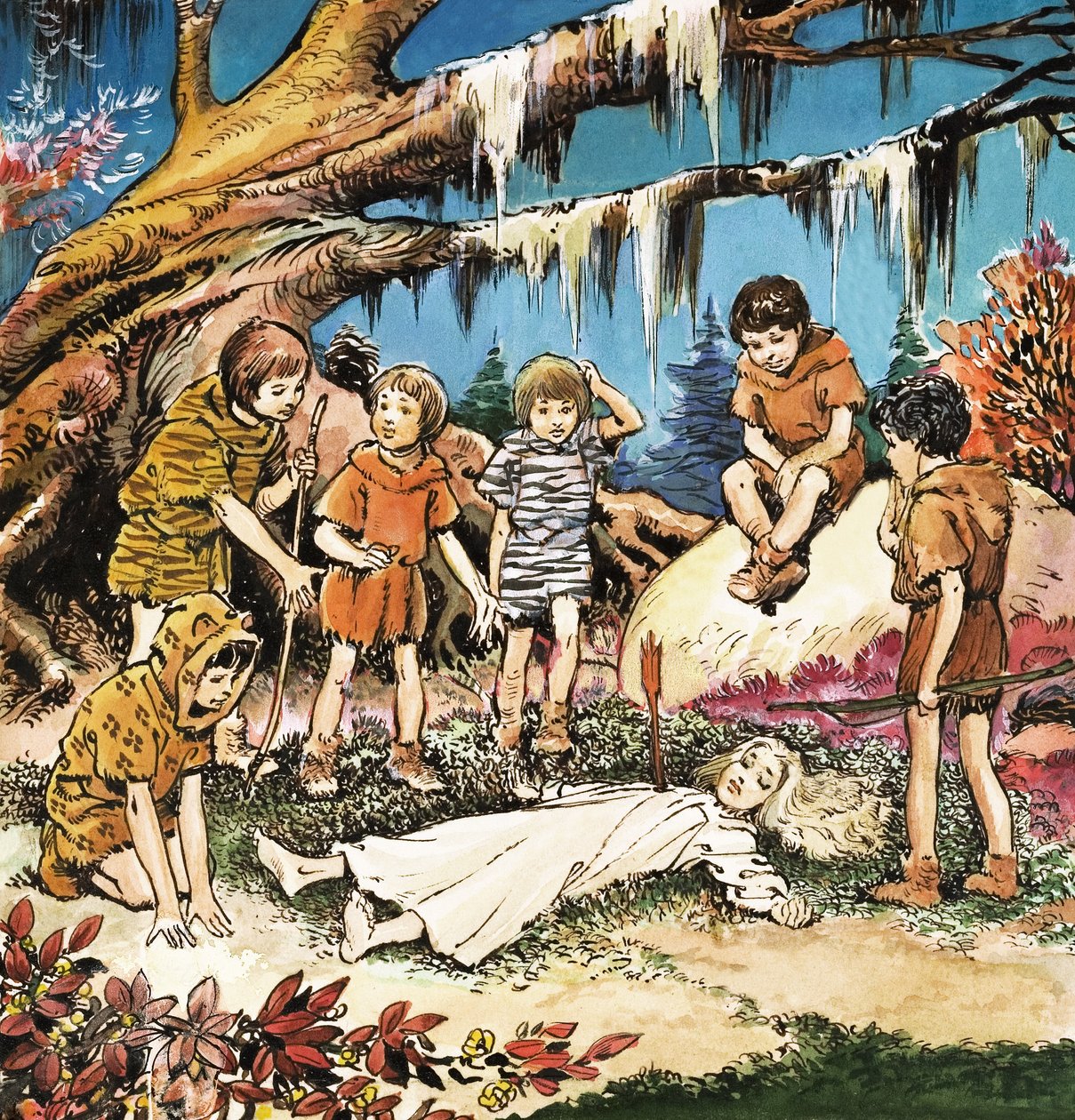 Die Sorge der verlorenen Jungen um die verletzte Wendy, Illustration aus 