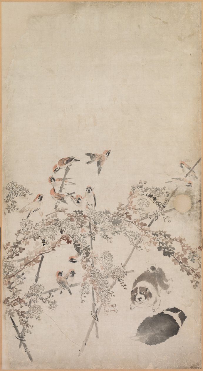 Welpen, Spatzen und Chrysanthemen von Nagasawa Rosetsu