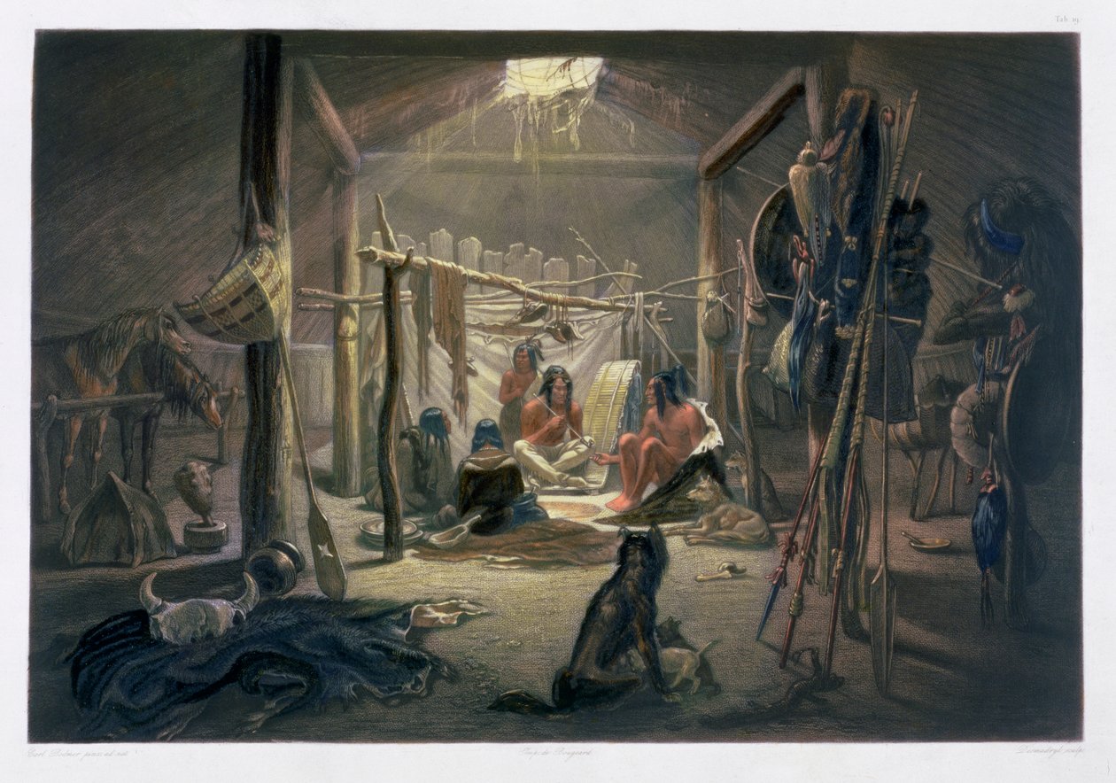 Das Innere der Hütte eines Mandan-Häuptlings, 1843 von Narcisse Desmadryl