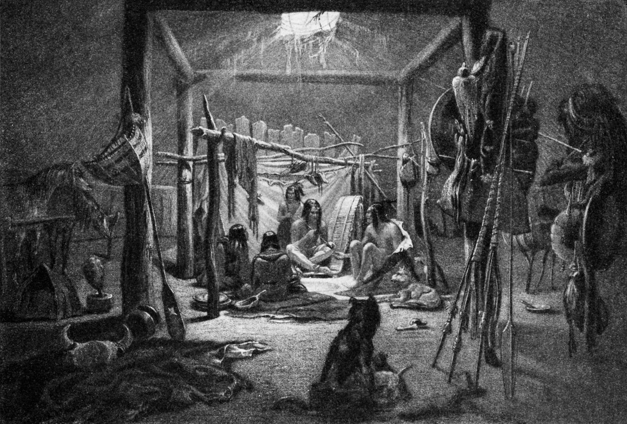 Hütte eines Mandan-Häuptlings - (Innenraum) einer Behausung der amerikanischen Ureinwohner von Narcisse Edmond Joseph Desmadryl