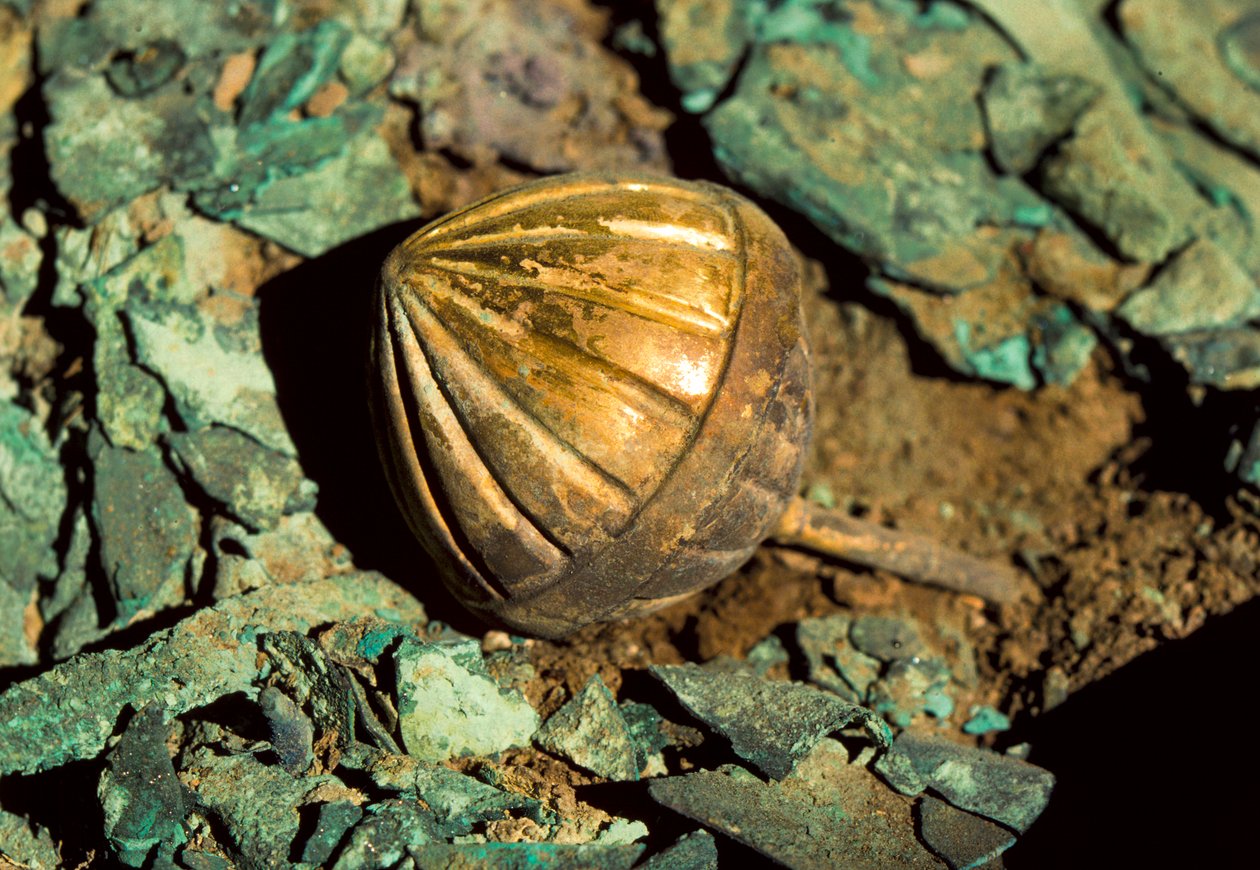 Goldrassel, begraben im königlichen Grab des Alten Herrn von Sipan in Peru von Nathan Benn