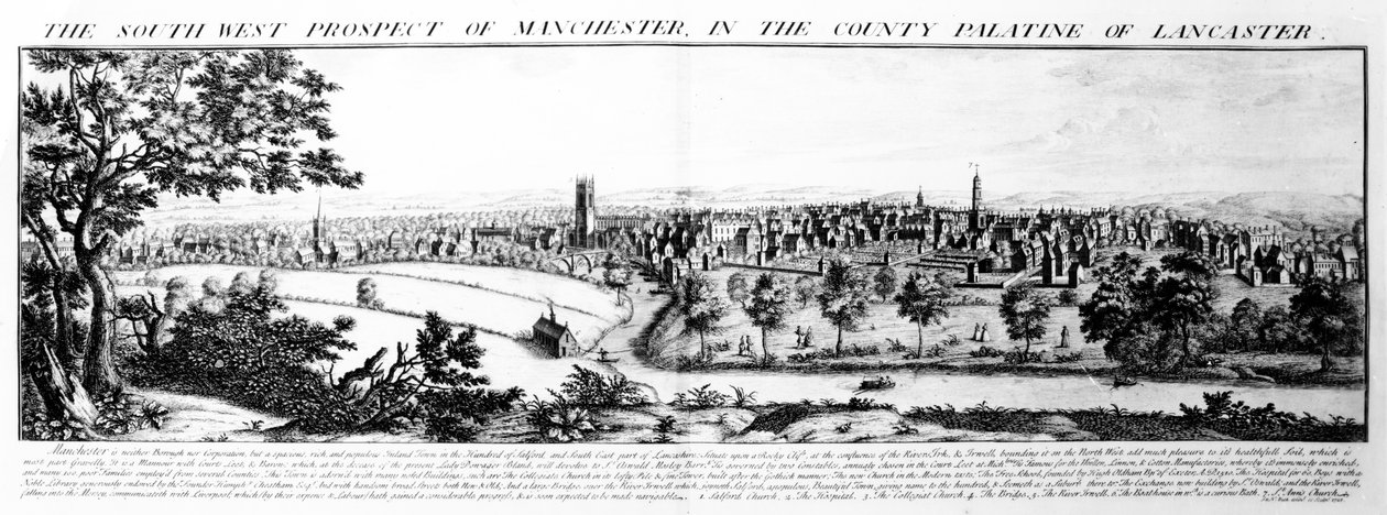 Die Südwestansicht von Manchester in der Grafschaft Palatine von Lancaster, 1728 von Nathaniel and Samuel Buck