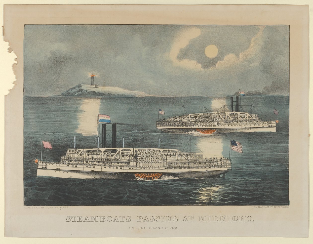 Dampfschiffe passieren um Mitternacht - Auf dem Long Island Sound, 1872-74 von Currier and Ives
