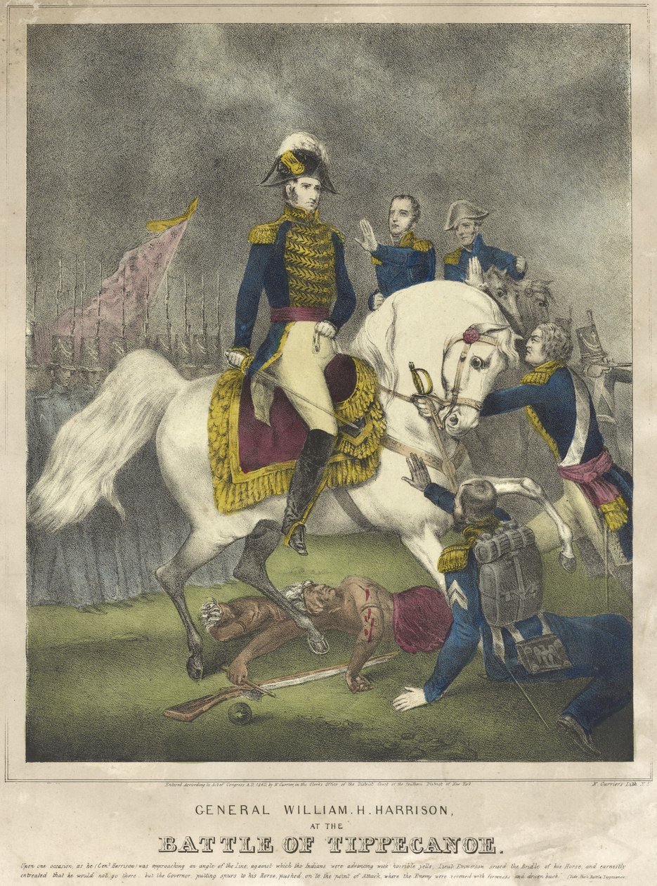 General William H. Harrison in der Schlacht von Tippecanoe, veröffentlicht 1840 von Nathaniel Currier