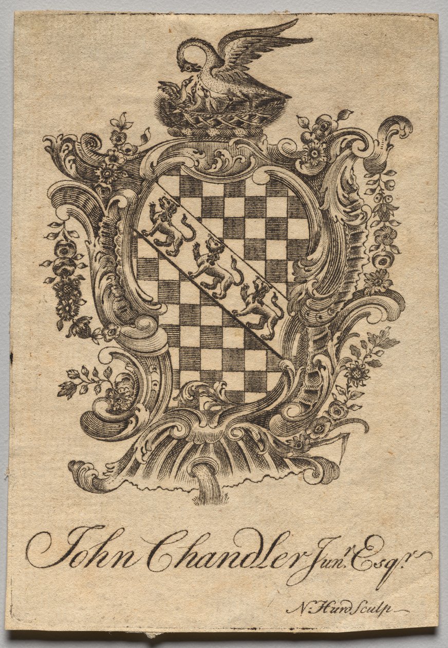 Exlibris: Wappen mit der Inschrift John Chandler Jun.r, Esq. von Nathaniel Hurd