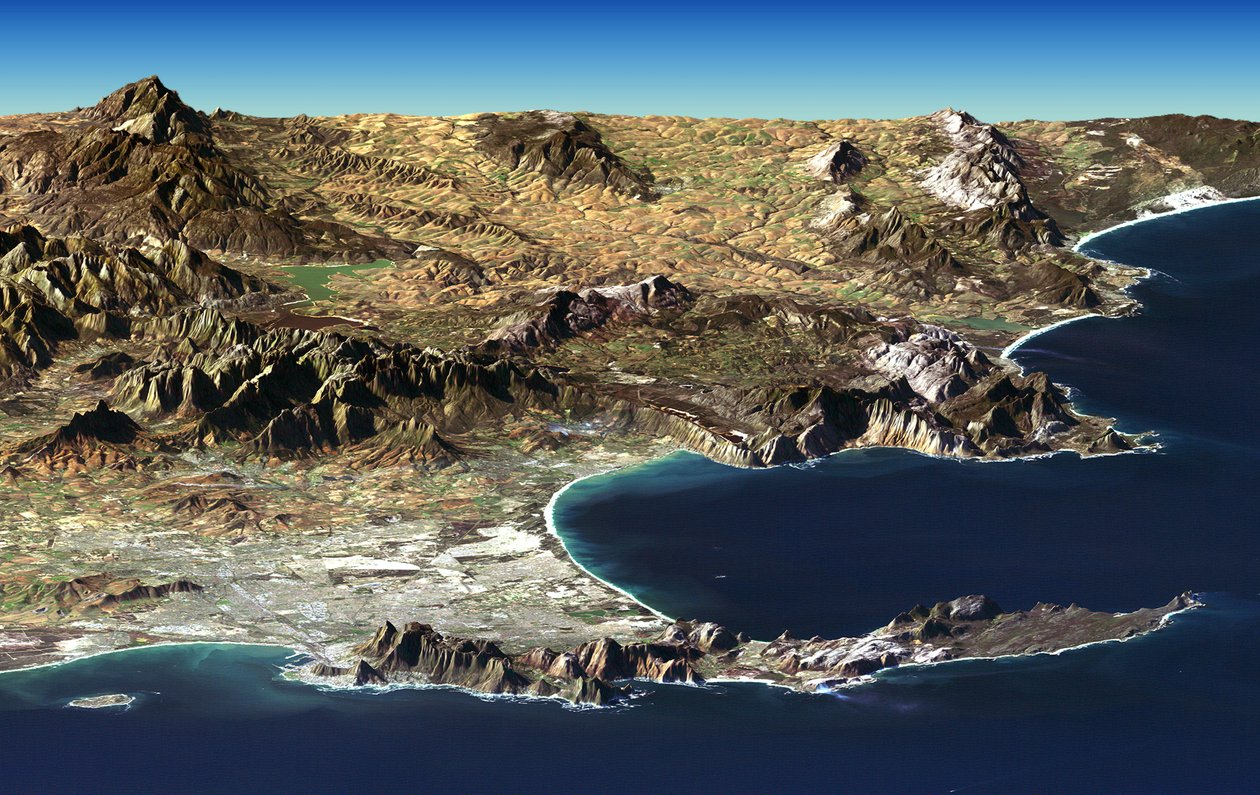 Kapstadt und Kap der Guten Hoffnung, Südafrika, im Vordergrund einer Perspektivansicht, generiert aus Landsat-Satellitenbild und Höhendaten der Shuttle-Radar-Topographie-Mission (SRTM). Wissenschaft Geologie von National Aeronautics and Space Administration National Aeronautics and Space Administration