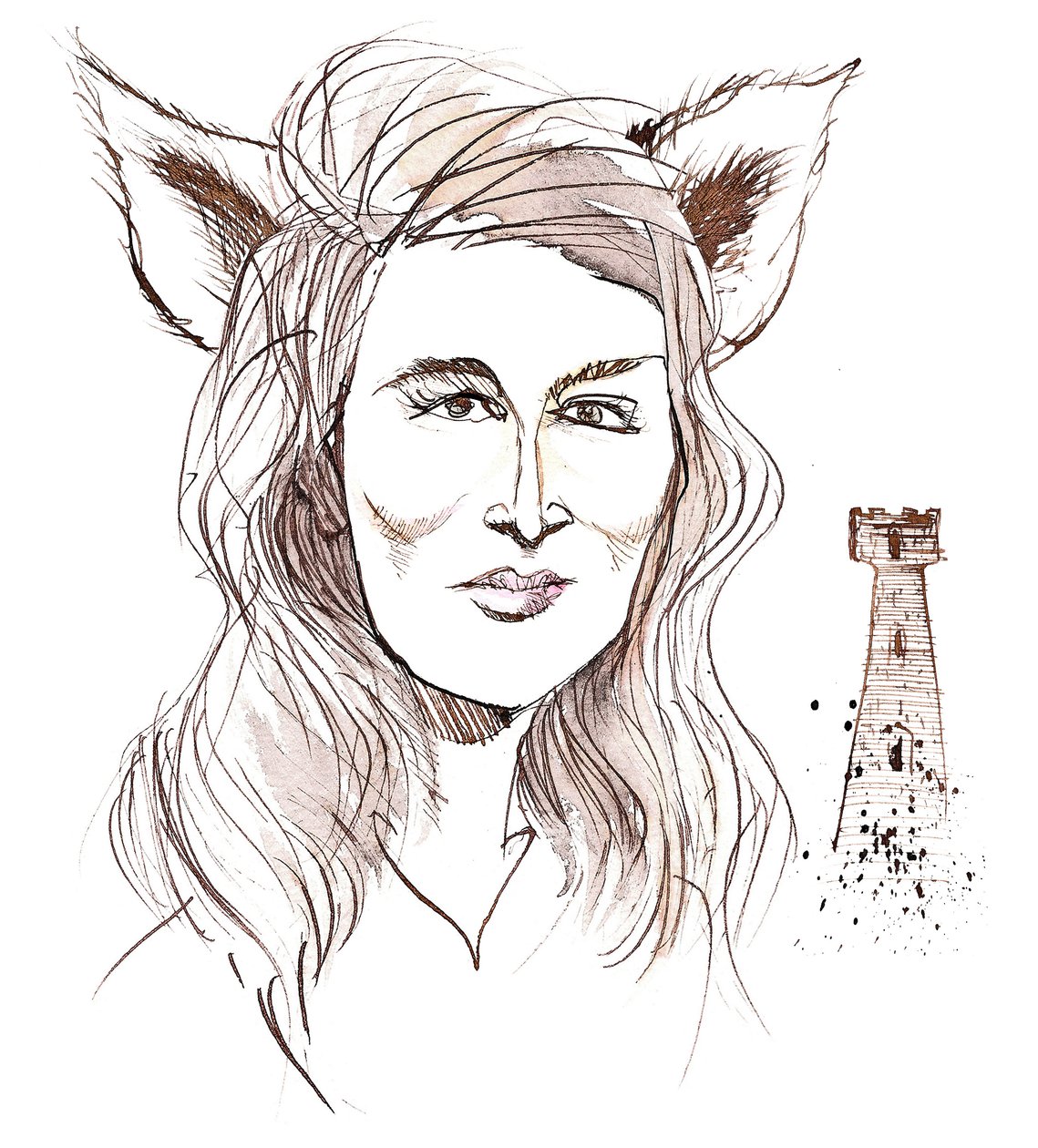 Angela Carter, englische Romanautorin und Journalistin; karikiert mit Wolfsohren in Anspielung auf ihre Geschichte The Company of Wolves aus dem Buch The Bloody Chamber (1979) von Neale Osborne