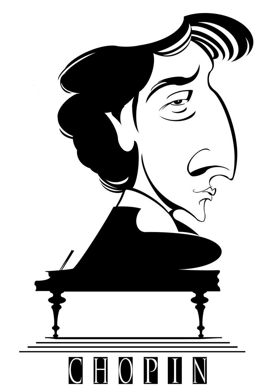 Frederic Chopin, französisch-polnischer Komponist und Pianist (1810-49), schwarz-weiße Karikatur mit Klavier von Neale Osborne