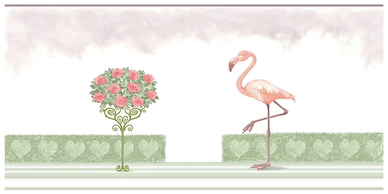 Flamingo und Rosenstrauch von Neale Osborne
