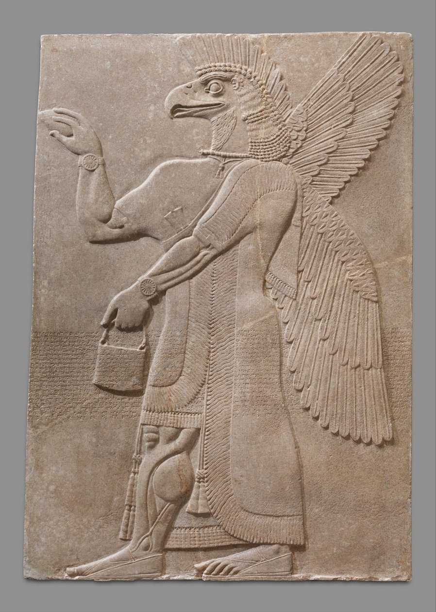 Relieftafel einer geflügelten, adlerköpfigen übernatürlichen Figur, ca. 883-59 v. Chr. von Neo Assyrian