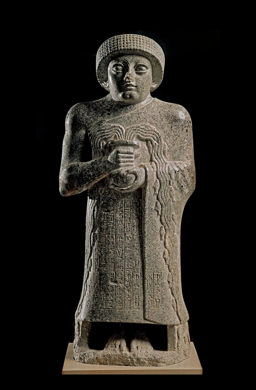 Sumerische Kunst: Detail der Statue von Gudea, Prinz von Lagash, bekannt als „mit der sprudelnden Vase“ von Neo-Sumerian Neo-Sumerian