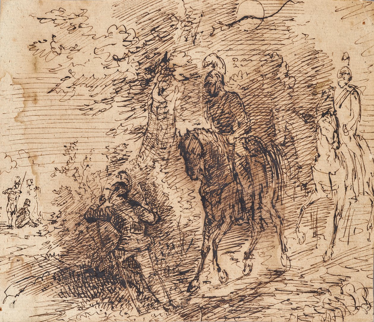 Berittene Soldaten beobachten drei andere Soldaten von Leopold Blonder