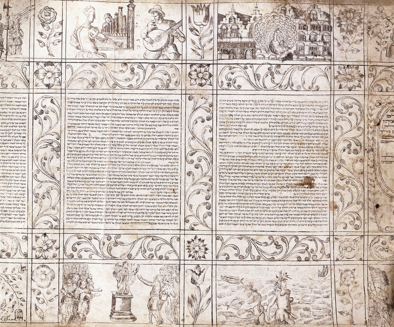 Illuminierte Handschrift in sephardischer Schrift, zeigt Szenen des niederländischen Lebens und der Bibel mit floralen Kartuschen, 17. Jahrhundert von Netherlandish School