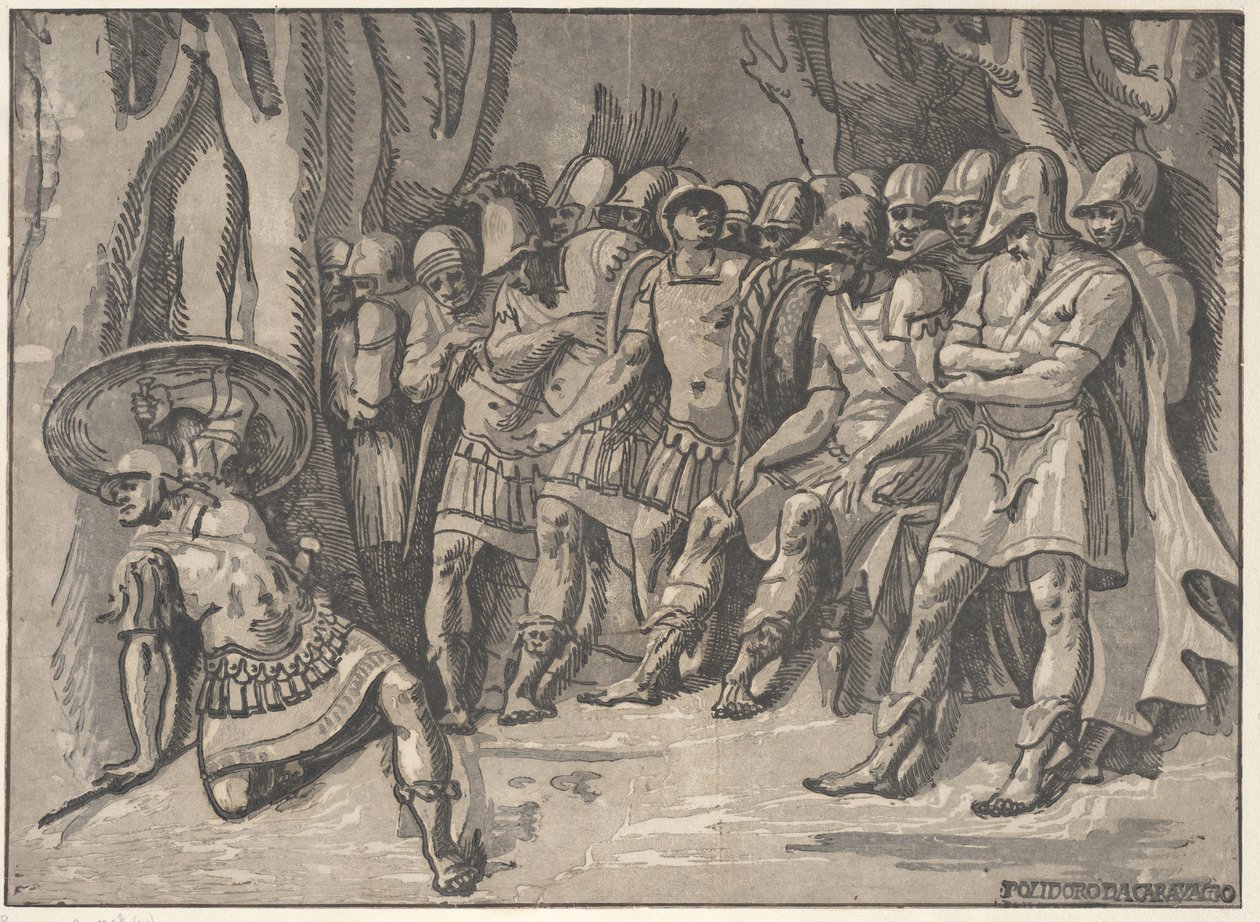 Ajax unten links hält ein Schild hoch, rechts steht Agamemnon umgeben von seinen Leuten, 1540-50 von Niccolo Vicentino