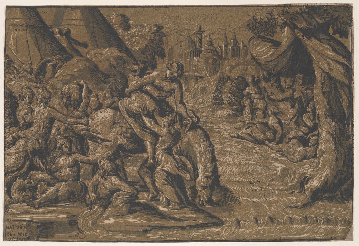 Cloelia, die römische Heldin, in der Mitte, die auf ein Pferd geholfen wird, Rom im Hintergrund..., 1540-50 von Niccolo Vicentino
