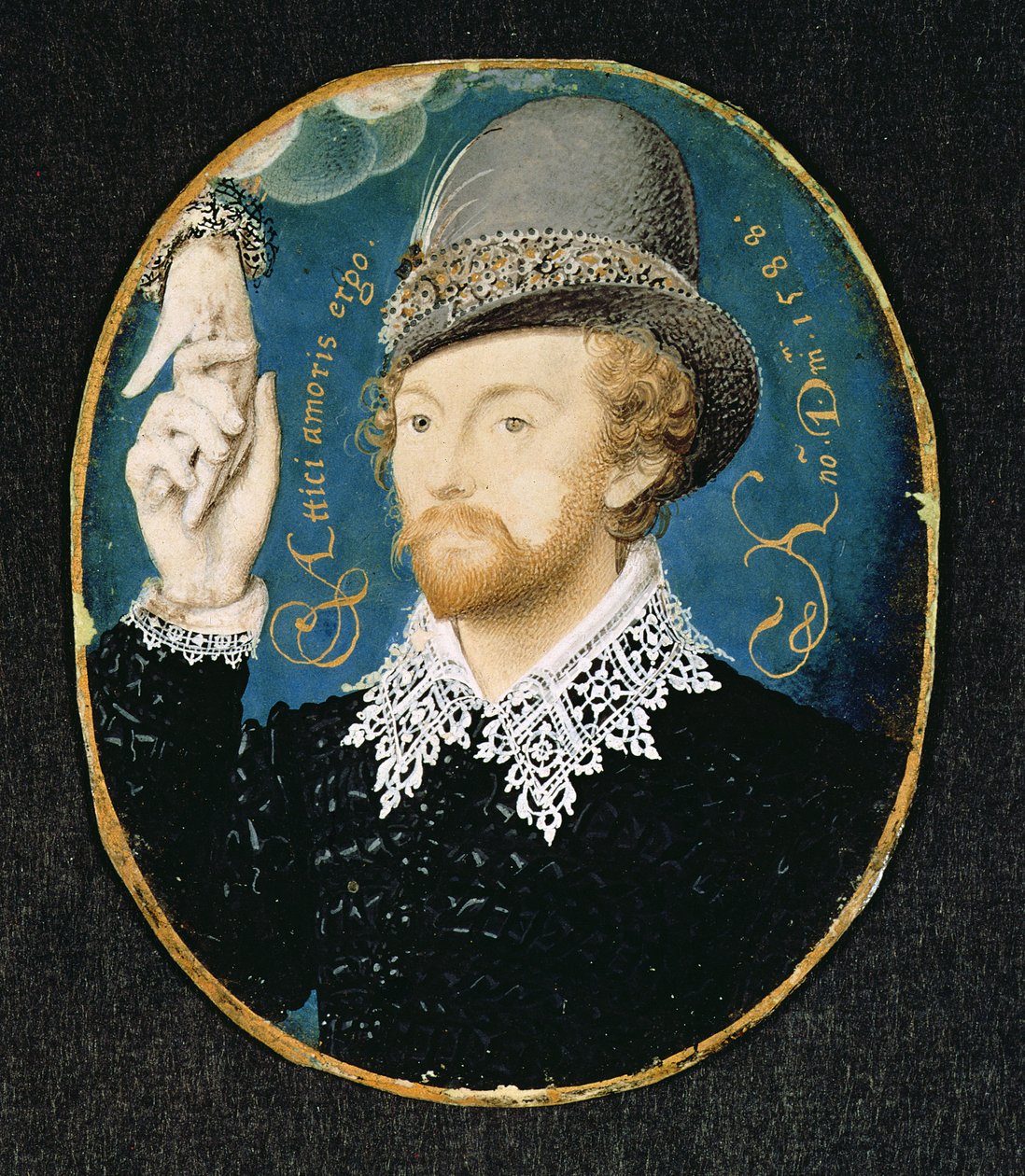Mann, der eine Hand aus einer Wolke ergreift, möglicherweise William Shakespeare, 1588 von Nicholas Hilliard