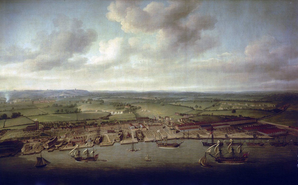 Die Docks und Werften von Woolwich (England), die Werft der königlichen Gebäude seit dem 16. Jahrhundert von Nicholas Pocock