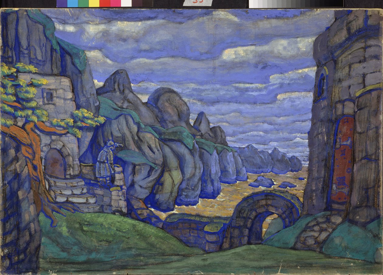Dorf am Meer. Bühnenbildentwurf für die Oper "Tristan und Isolde" von Richard Wagner von Nicholas Roerich