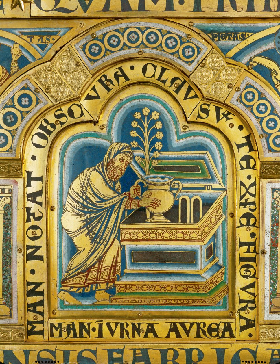 Aaron legt ein goldenes Gefäß mit Manna in die Bundeslade, als Erinnerung an die Wanderungen der Israeliten in der Wüste von Nicholas of Verdun