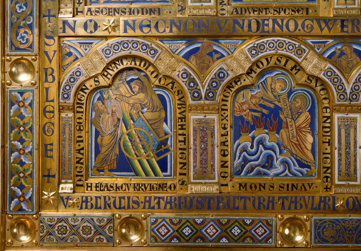 Verduner Altar: Himmelfahrt des Elija und Moses empfängt die Gesetzestafeln (Detail) von Nicholas of Verdun