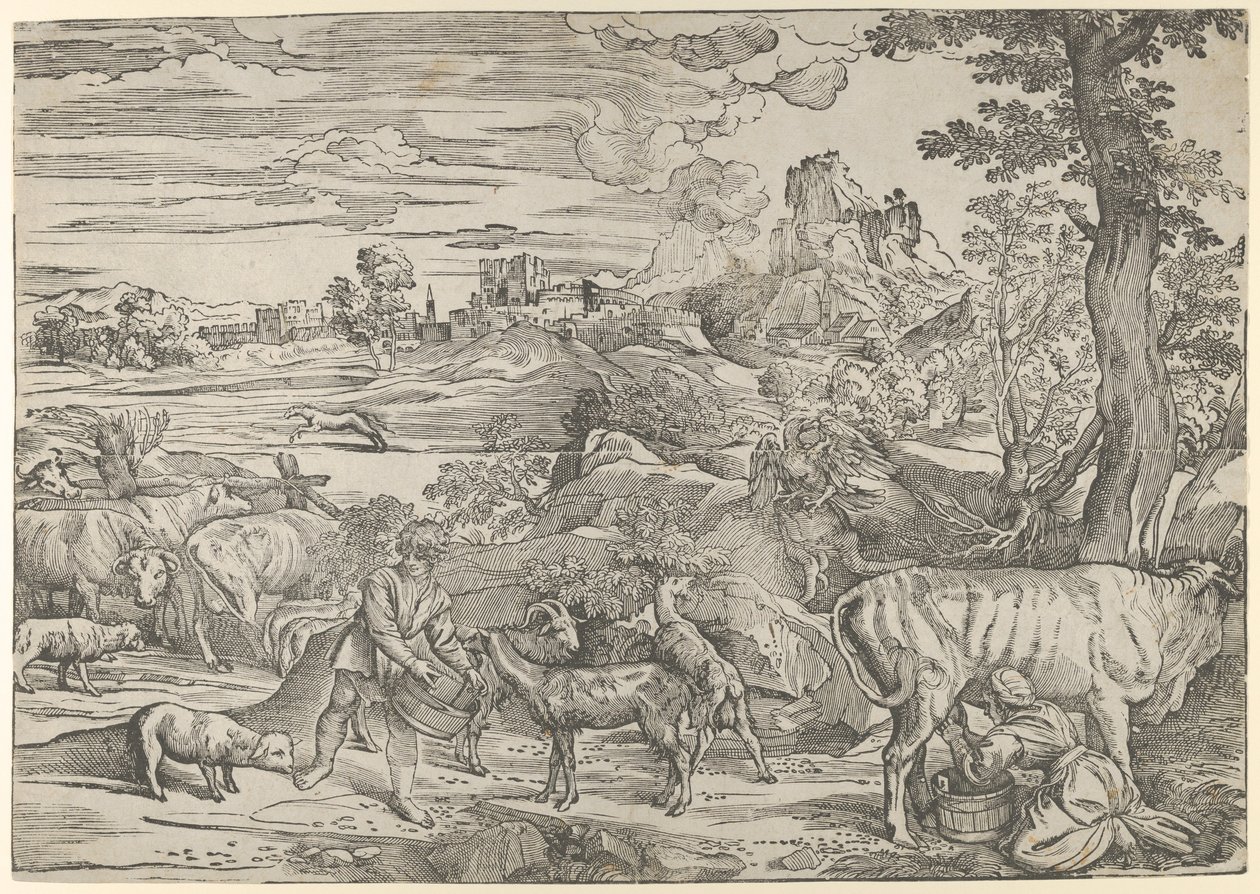 Landschaft mit Milchmädchen rechts und Junge links, ca. 1535-40 von Nicolò Boldrini