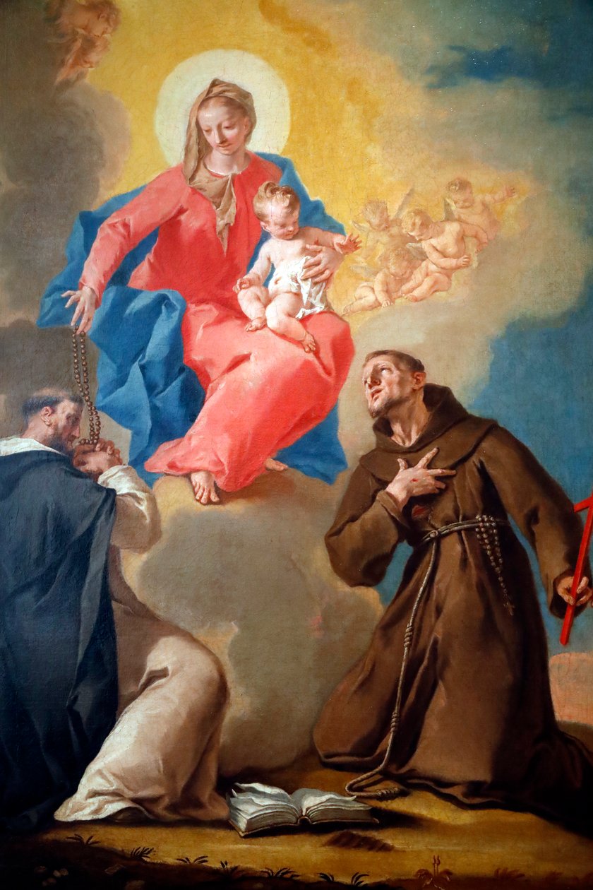 Die Nationalgalerie. Unsere Liebe Frau vom Rosenkranz mit St. Dominikus und St. Franziskus von Assisi. Nicola Grassi. 18. Jahrhundert. Ljubljana. Slowenien. von Nicolò Grassi