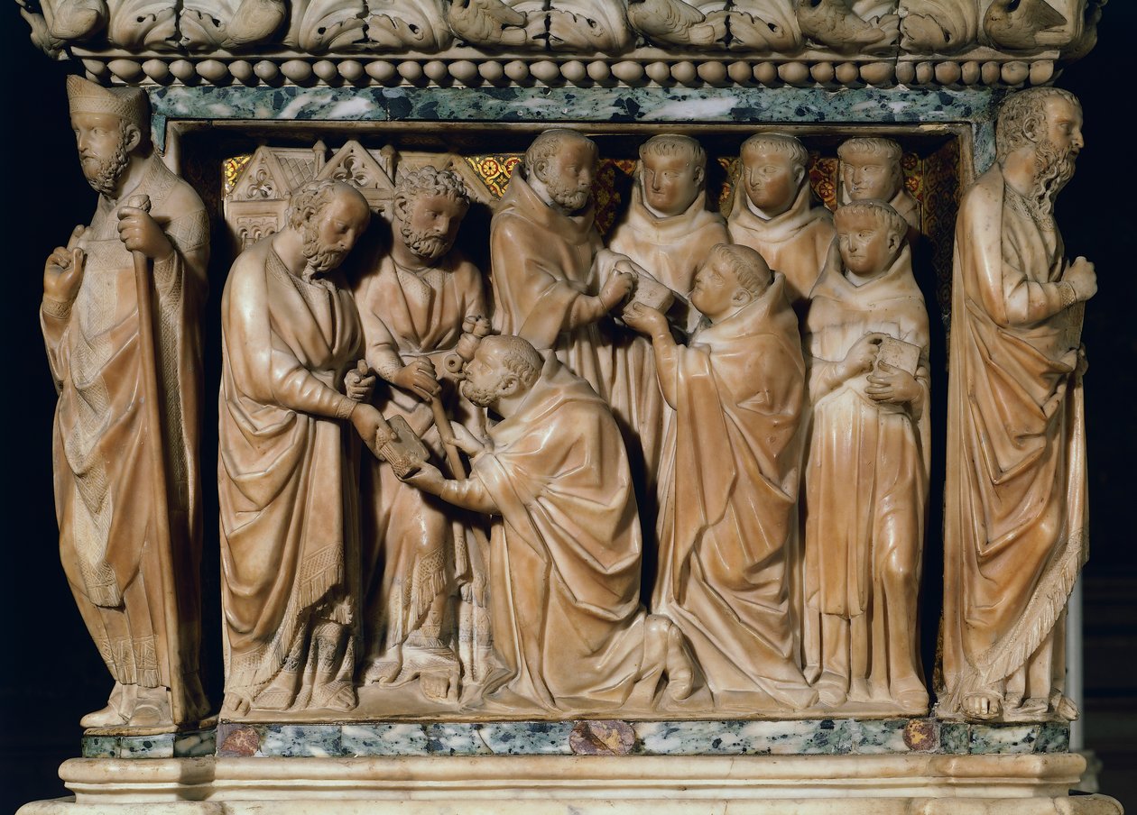 Die Apostel Petrus und Paulus erscheinen dem heiligen Dominikus, dekoratives Relief von Arca di San Domenico von Nicola Pisano