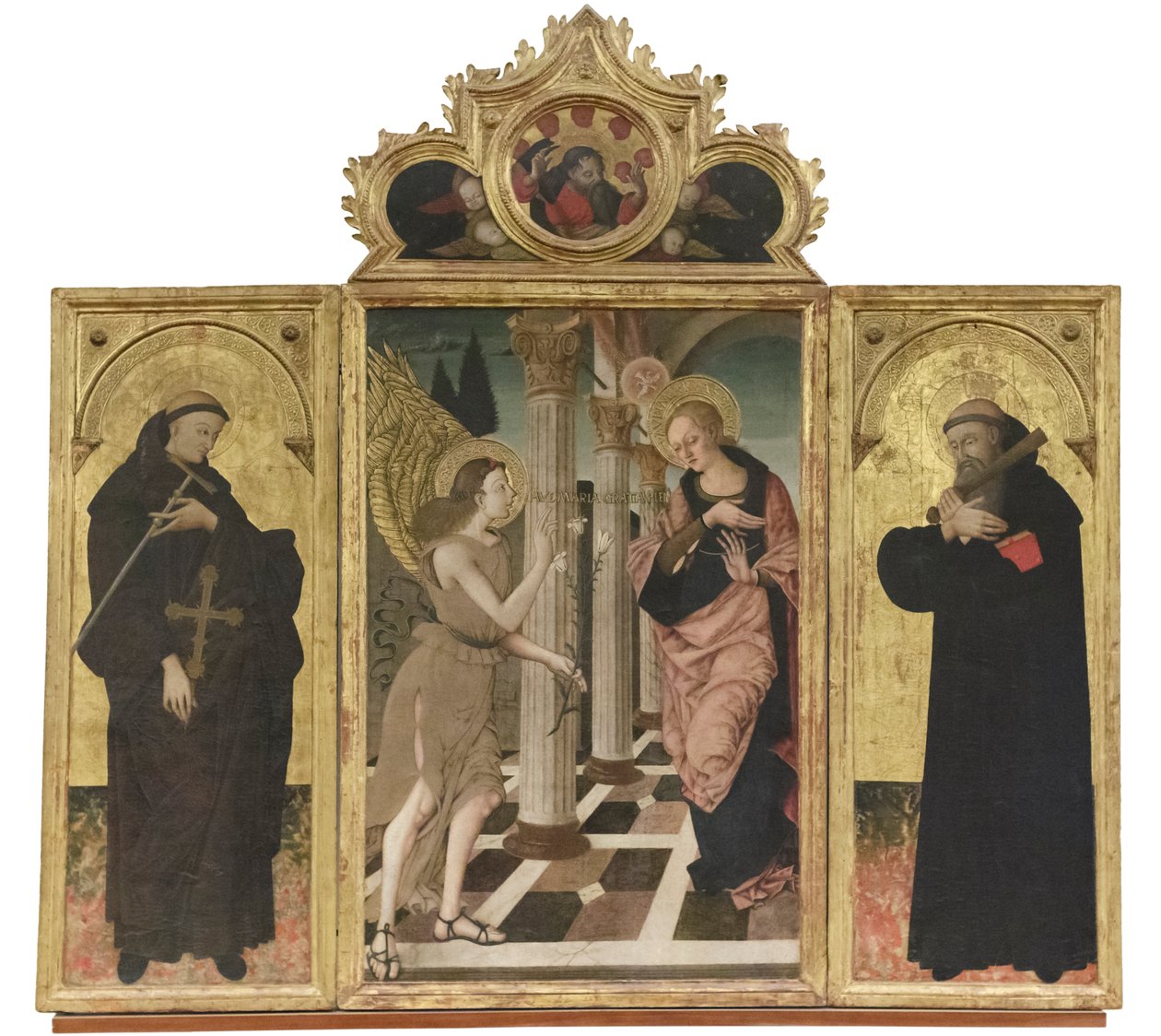 Verkündigung zwischen den Heiligen Giovanni Gualberto und Benedetto, ca. 1500-05 (Triptychon auf Tafel) von Nicola de Maestro Antonio