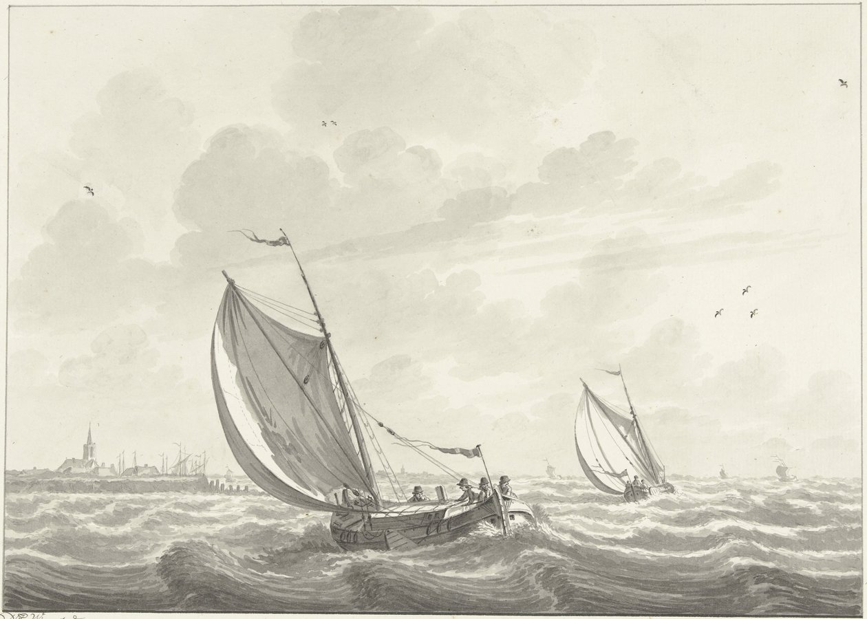 Schiff unter Segel auf der Maas, in der Ferne die Dörfer Oud und Nieuw Beijerland von Nicolaas Wicart